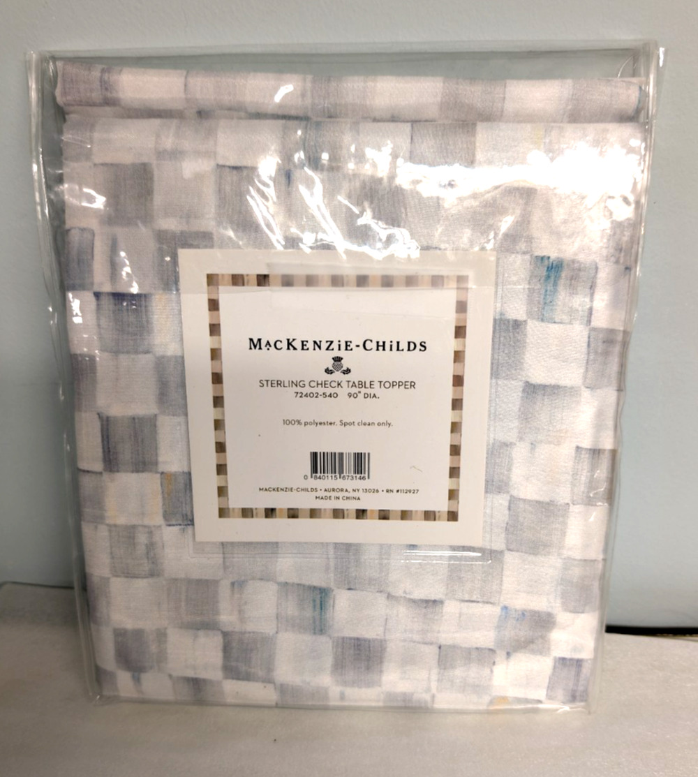 MacKenzie Childs Sterling Check Tablecloth 90" Round Gray White, Retired